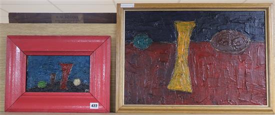 Modern British, pair of oils on board, Still lifes, one initialled SM, largest 36 x 52cm